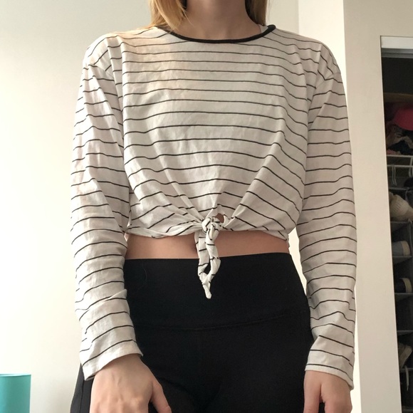 White Stripe Crop Tie Long Sleeve - Picture 1 of 2
